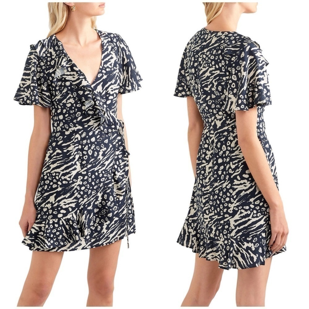 NWT Rebecca Vallance Flores Wrap effect Ruffled Printed Crepe Mini Dress 4